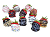 Fake Food Prop Displays: Fake chocolate dipped strawberries, artificial chocolate dipped cherries, bride and groom decorated strawberries from Props America.